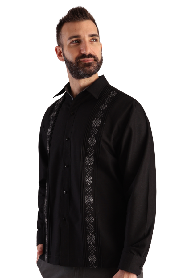 Camisa Guayabera Negra Manga Larga Corte Clásico Bordado Para Hombre